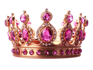 Regal Rose Gold Crown with Pink Gemstones, Front-Facing Royal Portrait Style, Transparent Background  