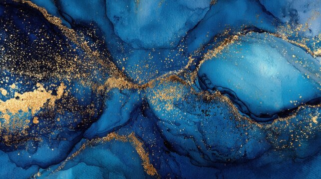 Elegant Abstract Watercolor Painting in Shades of Blue with Golden Accents, Evoking Tranquility and Sophistication for Artistic Visuals