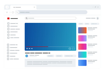 Clean light themed video playback screen on a web browser video player search bar and list of recommended videos online streaming digital media content platform