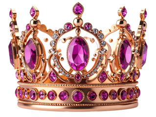Regal Rose Gold Crown with Pink Gemstones, Front-Facing Royal Portrait Style, Transparent Background