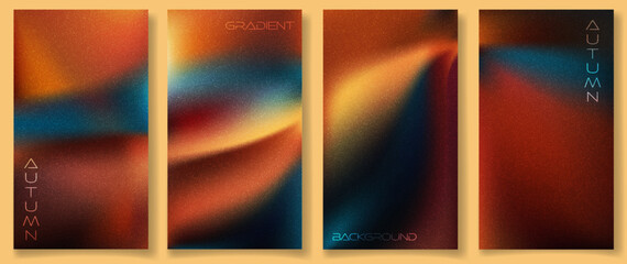 Set of vertical trendy blurred gradient backgrounds. Grainy film effect texture. Autumn colored backdrops for posters, sale banners or flyer designs. Designs for social media, advertising, web