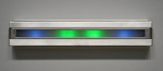 Rectangular metal fixture with illuminated green and blue lights on a gray wall