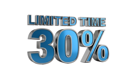 Glossy Blue and Silver Metallic 3D Render of "LIMITED TIME 30%" Sale Discount Text isolated PNG with Transparent Background