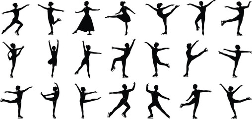 Silhouettes of figure skaters in dynamic poses and movements, vector illustration set, black icons, skating artistry, sport design elements