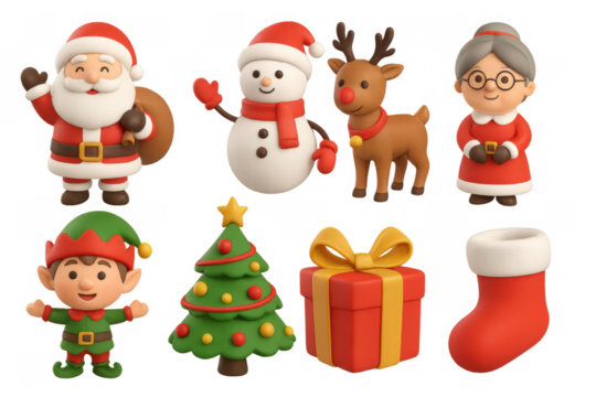 Festive 3d christmas characters and icons set for holiday design