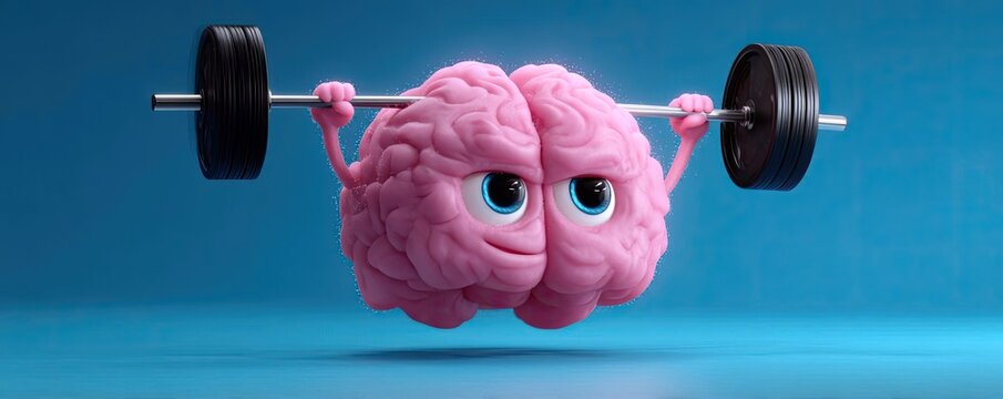 Brain character lifting gym weights for strength concept. A cartoon brain lifting weights, symbolizing mental strength.