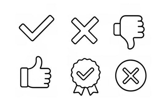 Minimalist black icons for approval, rejection, and feedback concepts