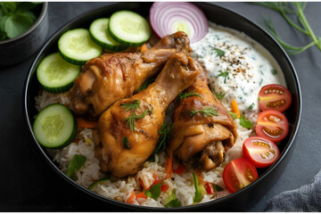 Fototapeta premium Chicken Biryani with Cucumber and Tomatoes