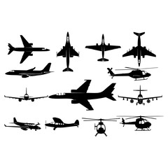 Silhouette Collection of Various Aircrafts and Helicopters in Black and White.
