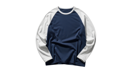Blank Long Sleeve Raglan Baseball T-shirt Mockup, Navy Blue and White Product Shot isolated PNG with Transparent Background