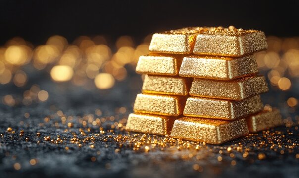 Stack of golden gold bars on dark background - Powered by Adobe