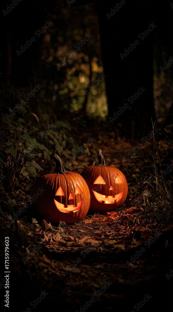 Poster spooky halloween vibes with glowing jack-o'-lanterns illuminating a dark path surrounded by autumn l