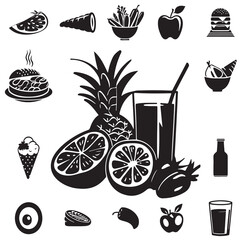 A refreshing assortment of tropical fruits and beverages including pineapples, oranges, strawberries, and a glass of juice, highlighting vibrant summer flavors and natural healthy choices