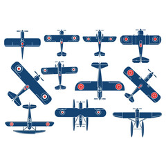 Collection of vintage aircrafts in top view, isolated on white. © goesti