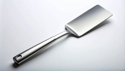 Stainless steel spatula on white surface&mdash;flat blade, rounded corners, and sleek handle evoke precision, utility, and symbolic transformation in minimalist culinary composition.