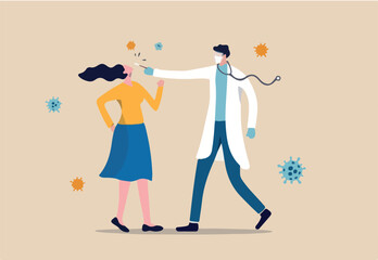 COVID-19 test, Coronavirus sampling by taking nasal from mouth or nose and diagnose the virus concept, doctor or medical staff using COVID-19 test with woman patient around with Coronavirus pathogen.