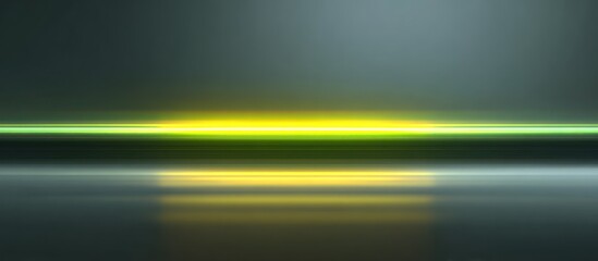 Abstract blurred background, a glowing green and yellow stripe with reflection