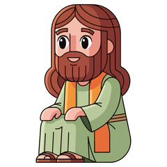 Cartoon Jesus Christ Sitting and Smiling Peacefully.