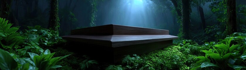Wooden podium placed in tropical forest setting concept. Serene forest scene with a mysterious object surrounded by foliage.