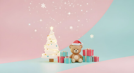 Obraz premium Adorable teddy bear wearing a santa hat surrounded by christmas presents and a twinkling tree on a pastel background