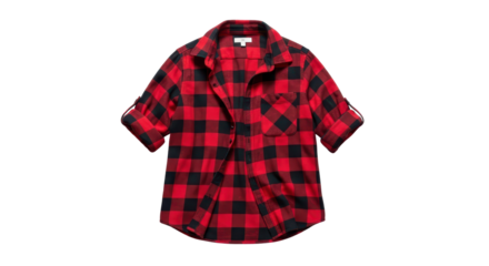 Red and Black Buffalo Plaid Flannel Shirt with Rolled Sleeves isolated PNG with Transparent Background
