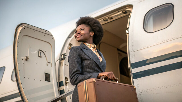 A close-up of a young African woman holding a suitcase while boarding a plane, soft daylight highlighting her confident and excited demeanor. - Powered by Adobe