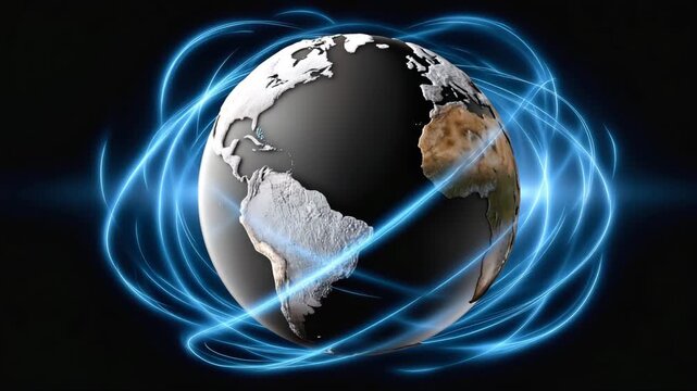 Electromagnetic field around Earth visualized as luminous blue waves in space