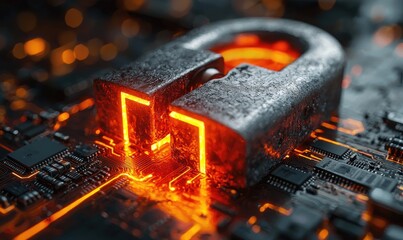 Metal padlock on circuit board with glowing interior