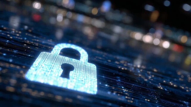 A close-up of a metallic server rack featuring a glowing cyan padlock and digital shield graphics, highlighting advanced protective technology.