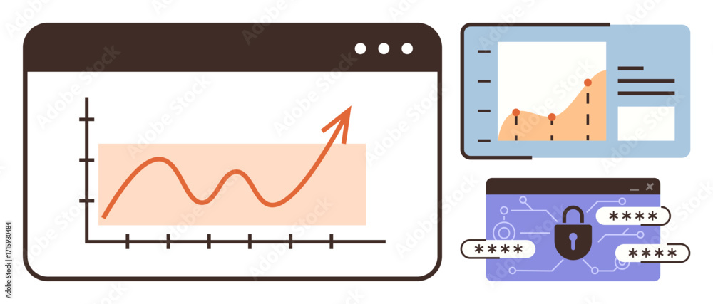 Poster growth chart with upward trend arrow, data analytics graphs, and password-protected lock icons. idea
