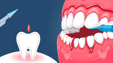 Dental concept, gum treatment. Gum disease and teeth, periodontal disease. Gum disease, bleeding gums, unhealthy teeth, yellow teeth, bad teeth. Vector illustration.