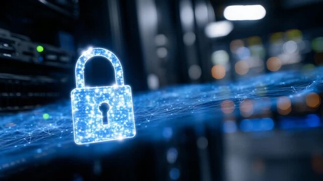 A holographic blue padlock hovers over a server rack, symbolizing advanced cybersecurity with neon connections in a dimly lit room.