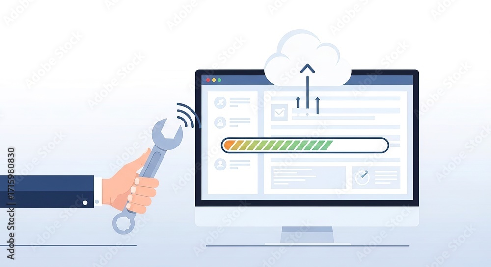 Aufkleber hand holding wrench next to computer monitor with progress bar and cloud upload