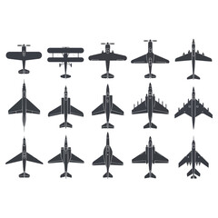 Collection of various airplane silhouettes in a top-down view, black and white. © tere