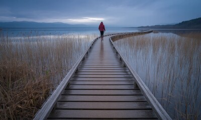 Person walks a wooden boardwalk over a lake