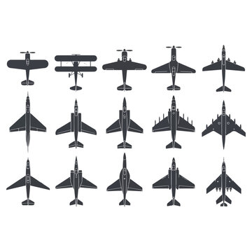 Collection of various airplane silhouettes in a top-down view, black and white.