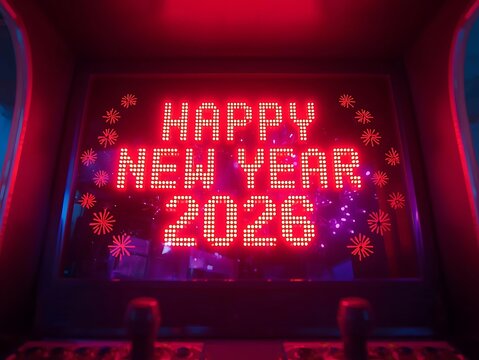 Bright neon sign wishes happy new year 2026 with festive sparkles