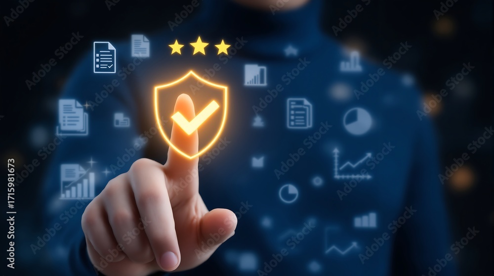 Poster cybersecurity data protection concept with shield and checkmark for secure system access online
