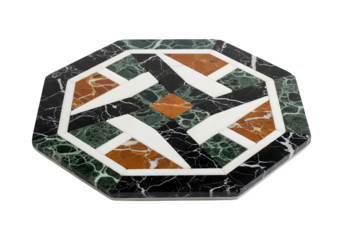 Octagonal marble mosaic inlay with geometric pattern isolated on transparent background, showcasing a blend of colors and intricate design elements