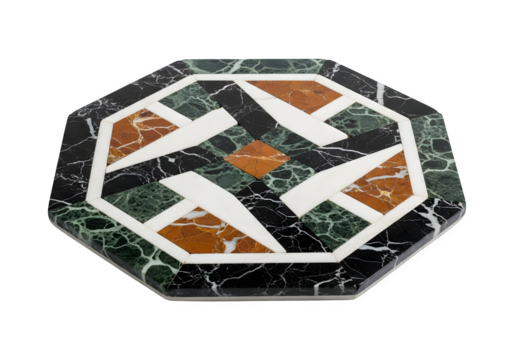 Octagonal marble mosaic inlay with geometric pattern isolated on transparent background, showcasing a blend of colors and intricate design elements