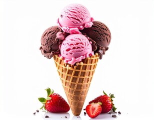 A delicious waffle cone stacked high with scoops of rich chocolate and fresh strawberry ice cream, isolated on a clean white background