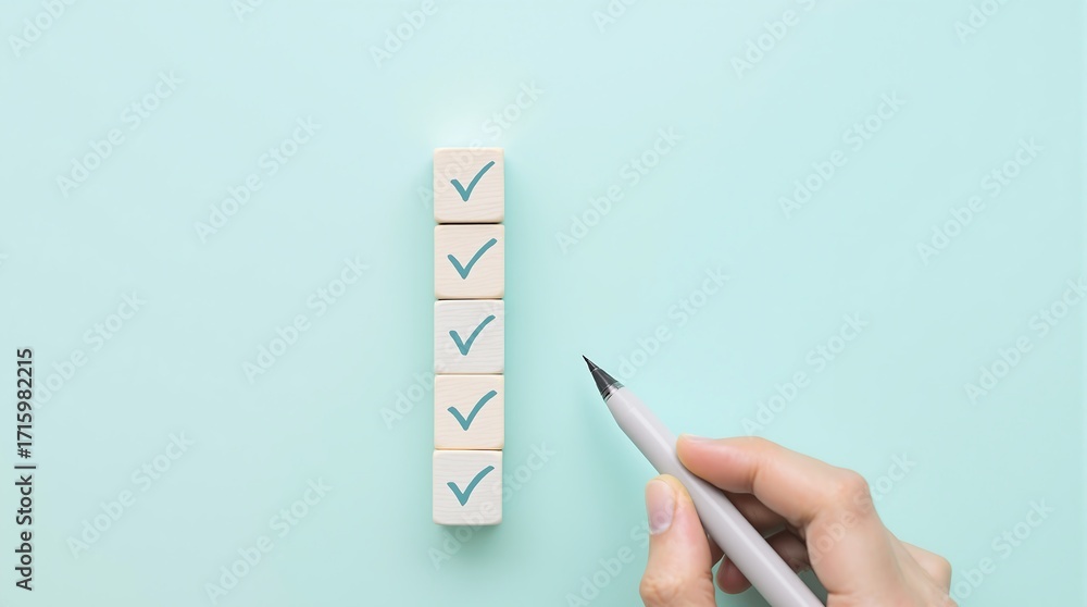Poster checklist complete tasks done list wooden blocks with check marks and hand holding pencil concept
