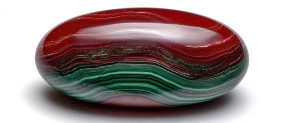 Oval polished stone, banded with red and green layers, casting shadow