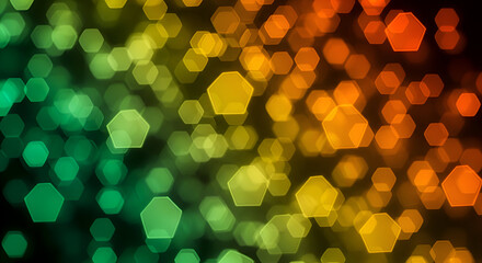 Abstract Bokeh of Green, Yellow, and Orange Hexagons.