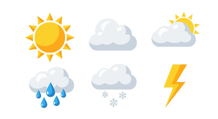 Collection of weather icons, including sun, clouds, rain, snow, and lightning.