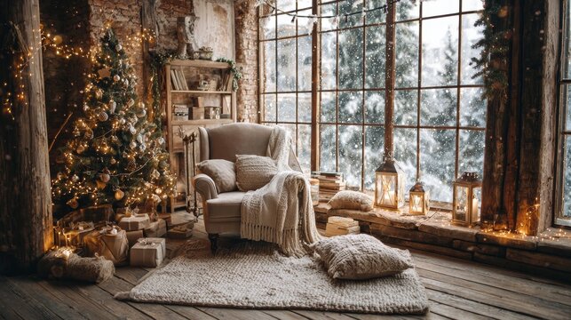 Cozy rustic christmas interior with tree, gifts, and snowy window view - Powered by Adobe