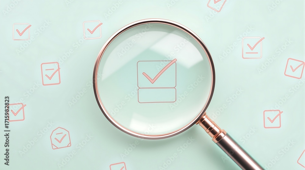 Poster checking tasks with magnifying glass concept for audit, checklist, verification and quality control 
