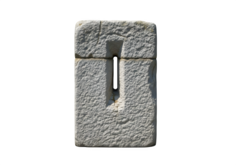 Old stone block with a narrow slit isolated on transparent background, a weathered architectural fragment showing signs of age and wear