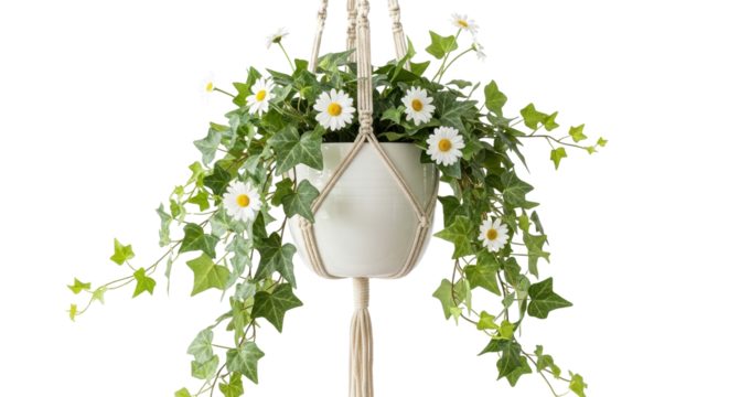 Macrame plant hanger with daisy flowers and ivy plant in a pot isolated PNG with Transparent Background