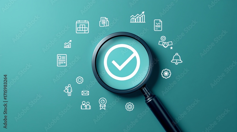 Aufkleber magnifying glass with check mark for quality assurance and business process optimization checklist a